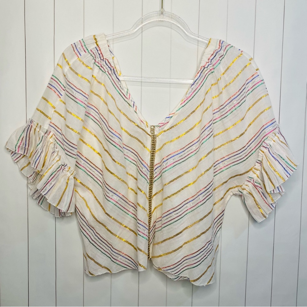 SAYLOR Savannah Striped Metallic Ruffle Sleeve Womens Top Small Festival Beach